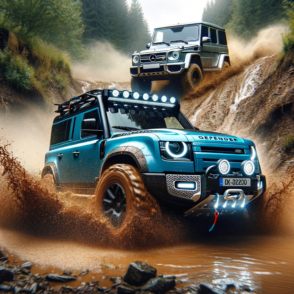 A-dynamic-action-shot-of-a-2023-Land-Rover-Defender-in-a-bright-blue-color-splashing-through-a-muddy-puddle-showcasing-its-off-road-capabilities