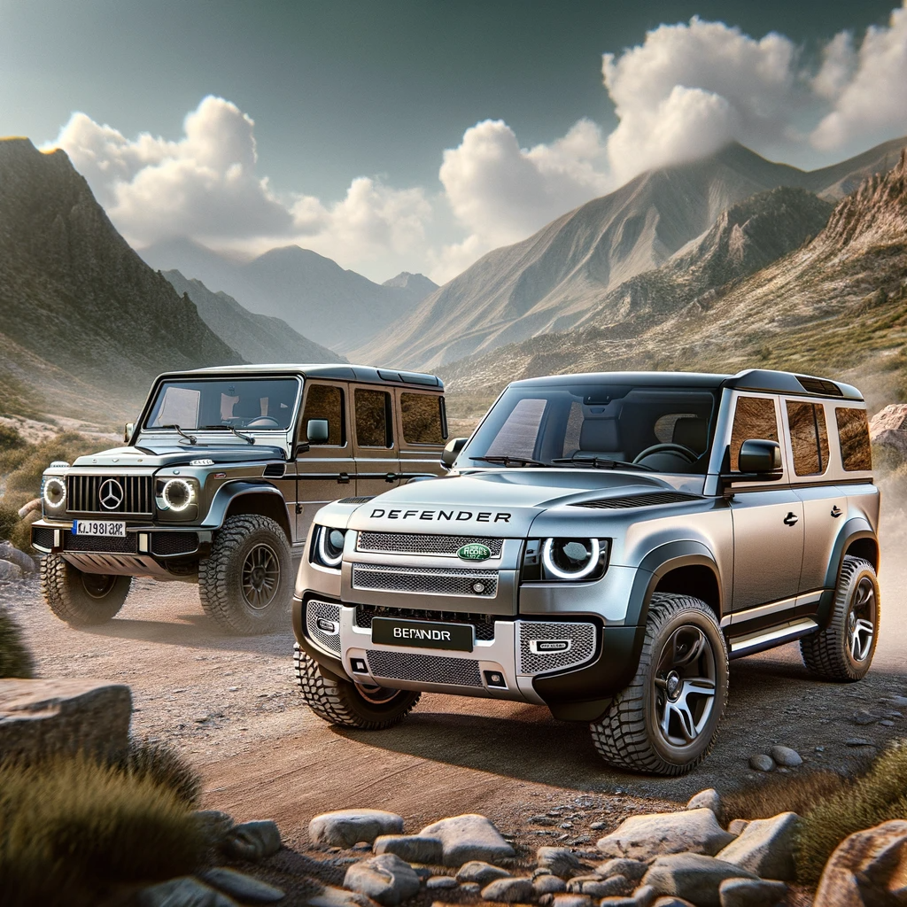 A photo-realistic image of a 2023 डिफेंडर और जी-वेगन side by side on a rugged off-road trail. The Defender is painted in a sle