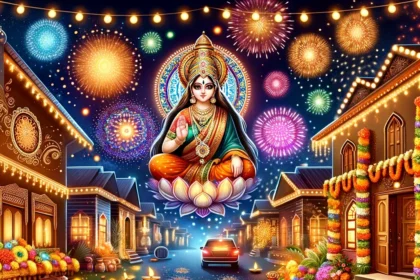 Illustration-depicting-the-festival-of-Diwali-in-India.-The-scene-includes-beautifully-decorated-homes-with-colorful-lights-and-diyas-traditional