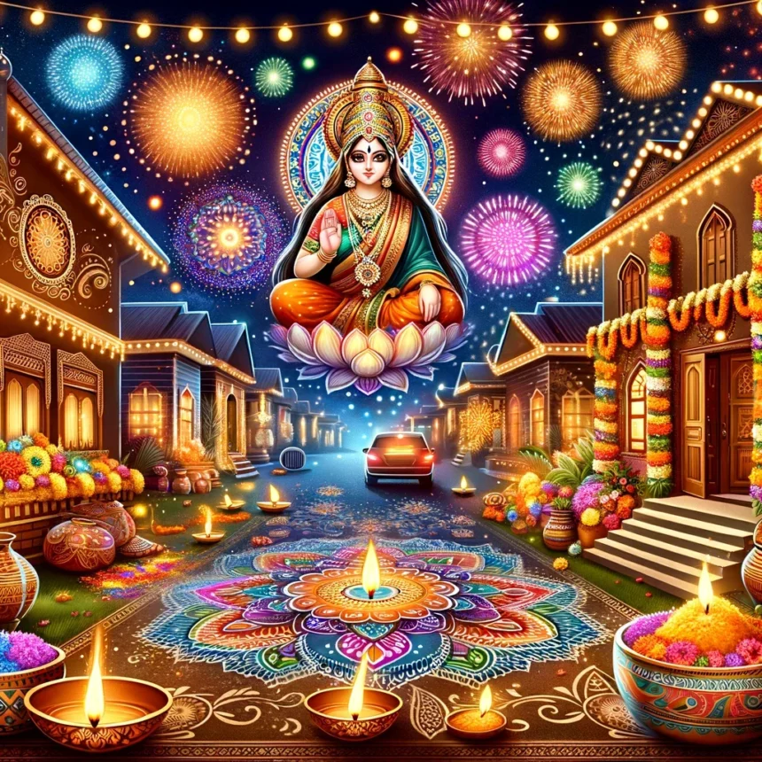 Illustration-depicting-the-festival-of-Diwali-in-India.-The-scene-includes-beautifully-decorated-homes-with-colorful-lights-and-diyas-traditional