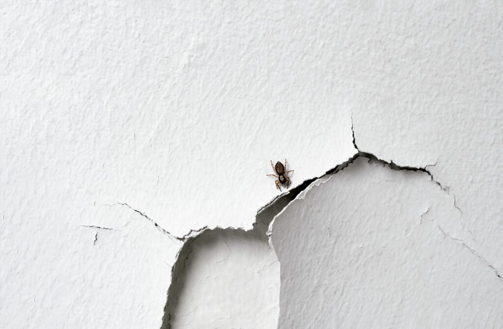 Earthquake in India: Domestic house spider climbing on white broken rough concrete